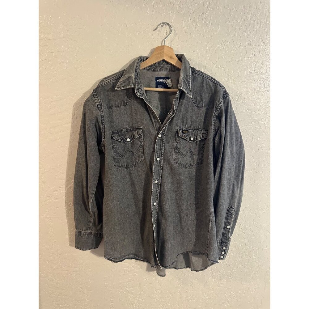 Y Wrangler Dark Acid Wash Cotton Pearl Snap Button Up Long Tails Western Shirt